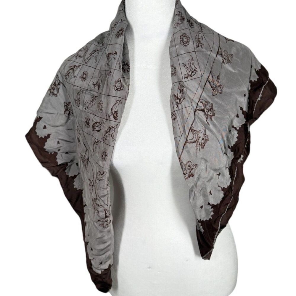 Vintage Echo Brown Square Scarf Womens One Size Bird and People Pattern